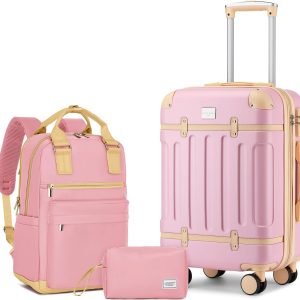 Luggage Sets 3 Piece Expandable Carry on Luggage 22x14x9 Airline Approved Hardshell Suitcase with Wheels TSA Lock, Lightweight Suitcase Set for Women with Travel Backpack, Pink