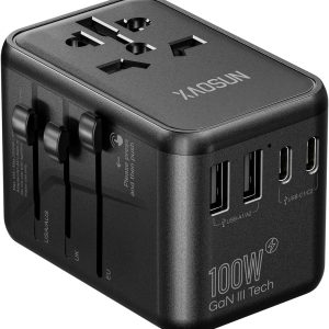 XAOSUN Universal Travel Adapter, 100W GaN Travel Plug Adapter, International Charger AC Plug Adapter 3 Type-C & 2 USB-A, Worldwide Travel for Most Europe EU US UK AU JP